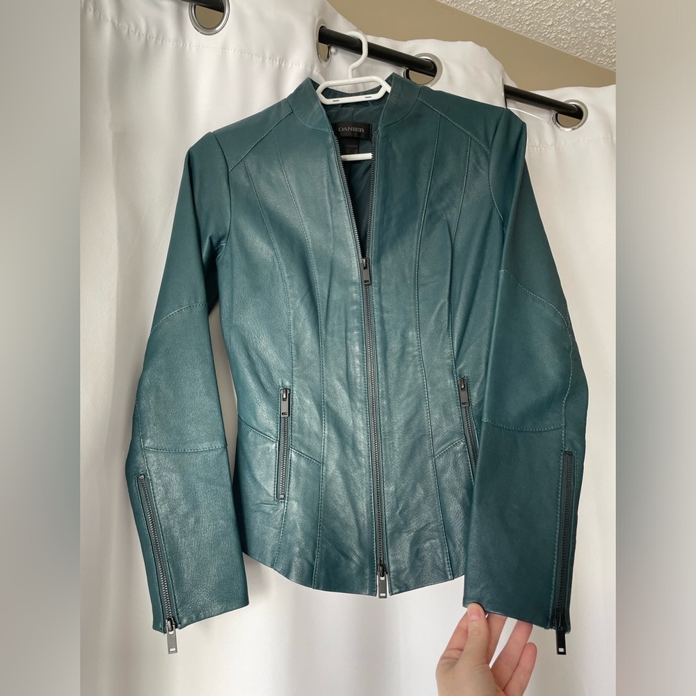 Leather Moto Jacket - Teal Green